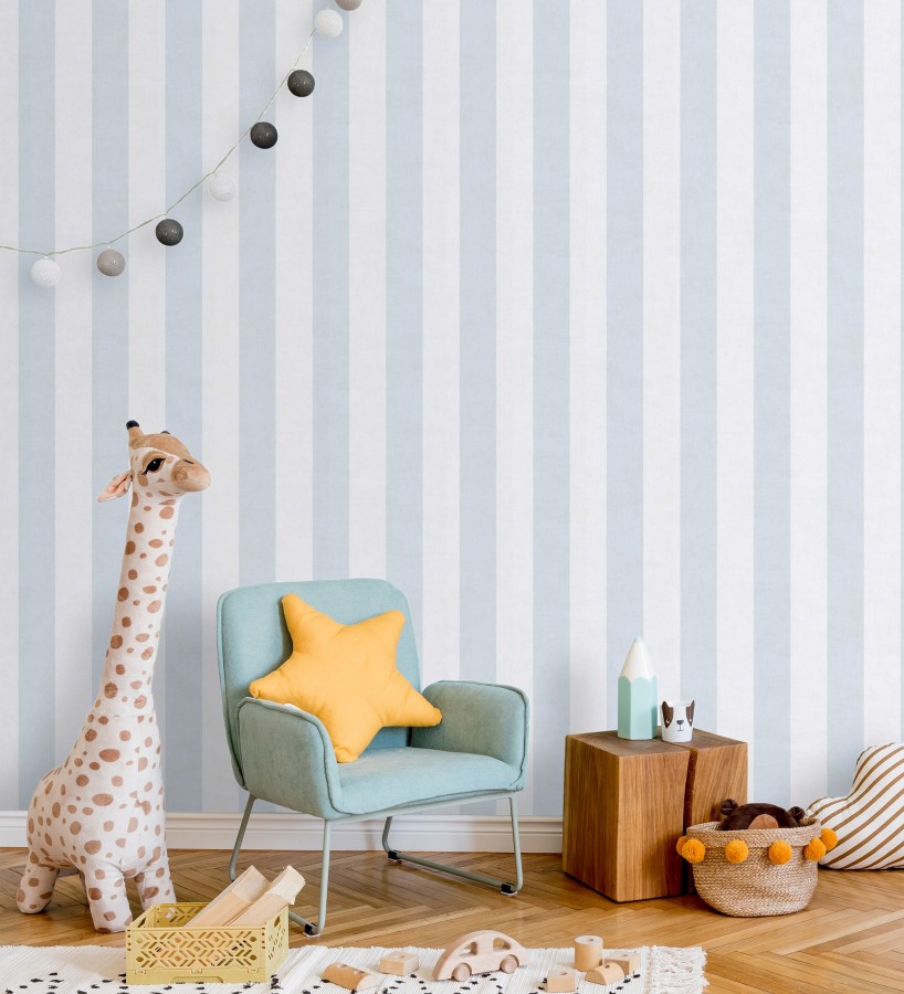 Papel pintado rayas lino desgastado bebé suave en color celeste  Strype Cloudy 684845