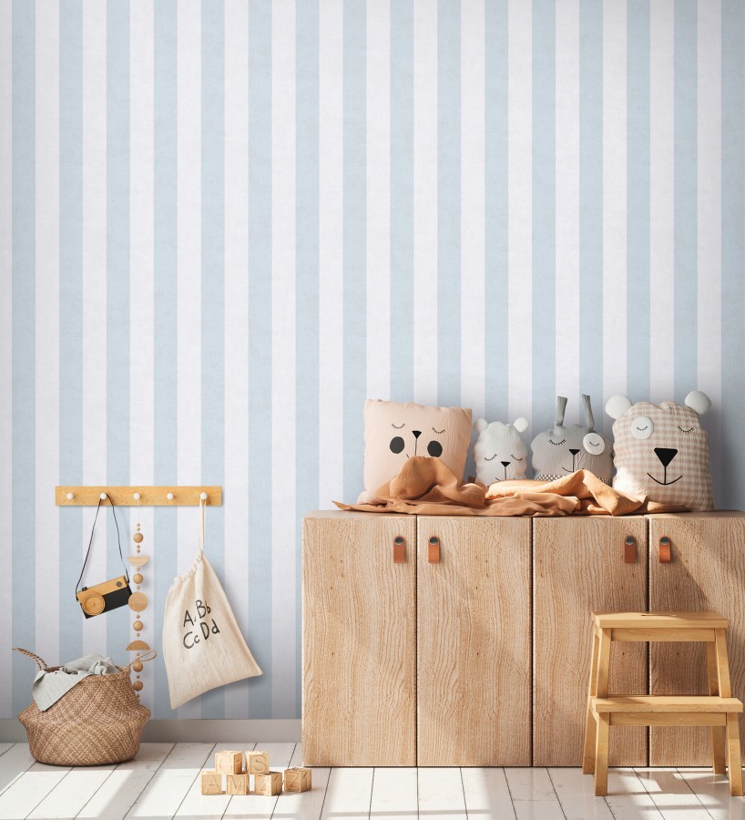Papel pintado rayas lino desgastado bebé suave en color celeste  Strype Cloudy 684845
