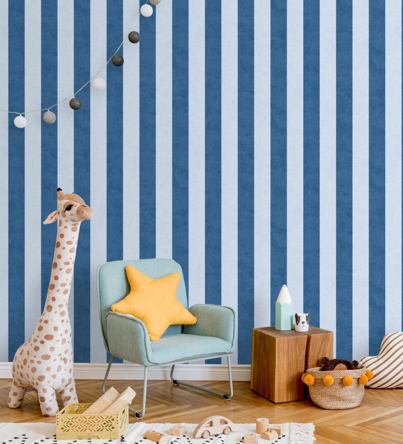 Papel pintado rayas lino desgastado bebé suave en tonos de azul  Strype Cloudy 684846