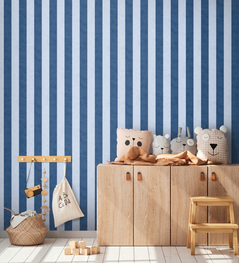 Papel pintado rayas lino desgastado bebé suave en tonos de azul  Strype Cloudy 684846