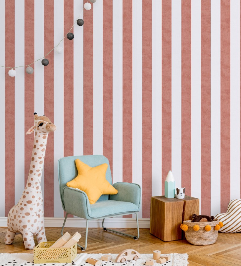 Papel pintado rayas lino desgastado bebé suave en color terracota  Strype Cloudy 684847