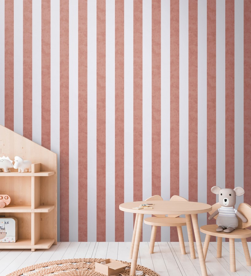 Papel pintado rayas lino desgastado bebé suave en color terracota  Strype Cloudy 684847