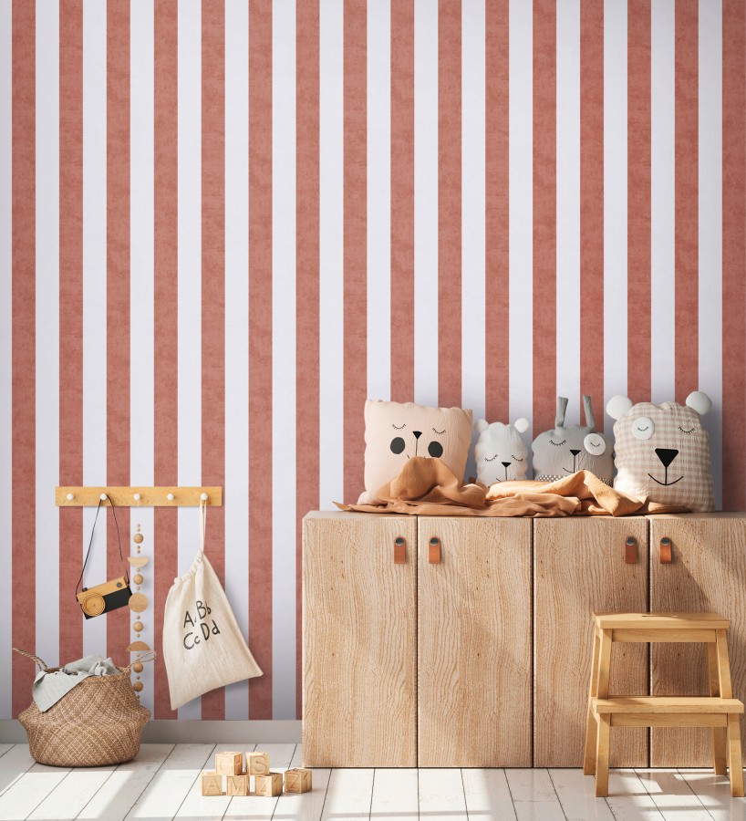 Papel pintado rayas lino desgastado bebé suave en color terracota  Strype Cloudy 684847