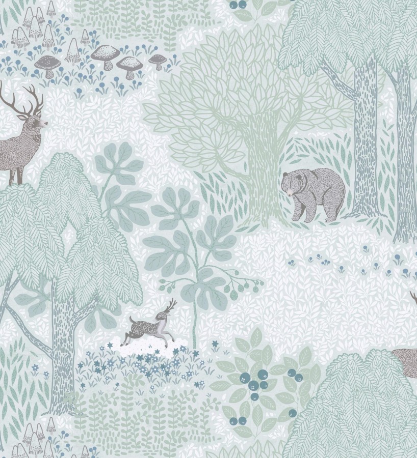 Papel pintado bosque con osos y ciervos infantil verde menta  Bambi Bear 684853