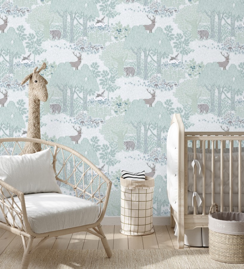 Papel pintado bosque con osos y ciervos infantil verde menta  Bambi Bear 684853