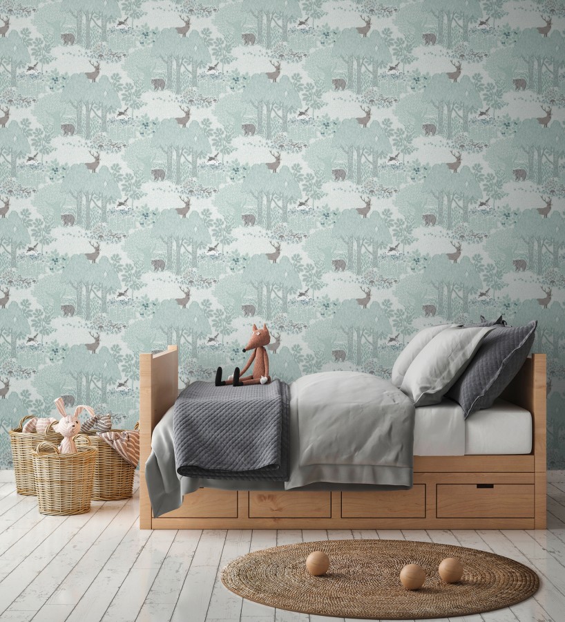 Papel pintado bosque con osos y ciervos infantil verde menta  Bambi Bear 684853
