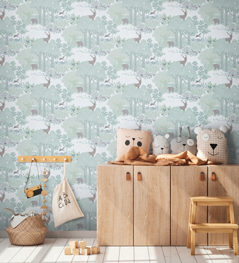 Papel pintado bosque con osos y ciervos infantil verde menta  Bambi Bear 684853