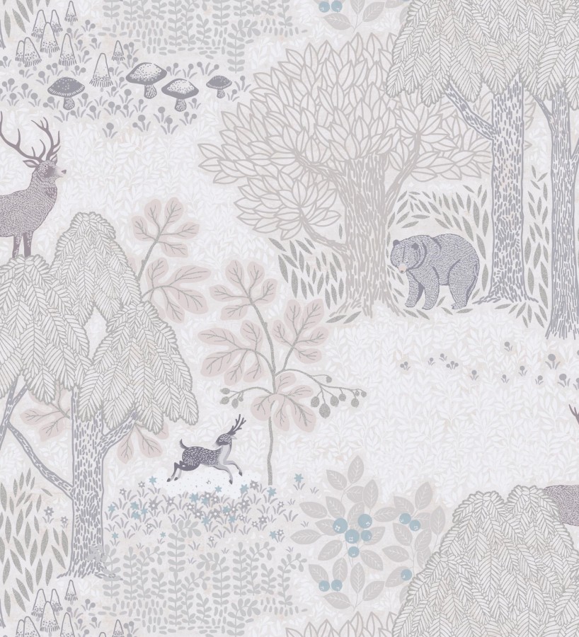 Papel pintado bosque con osos y ciervos infantil gris y beige  Bambi Bear 684854