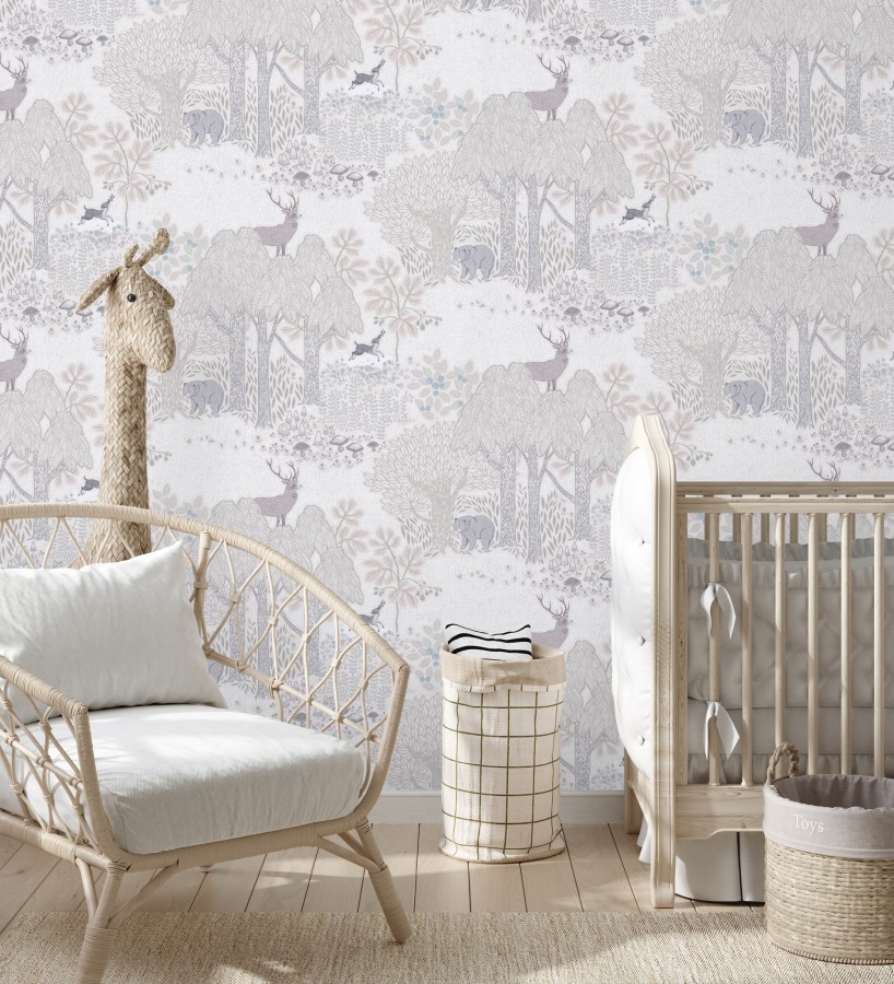 Papel pintado bosque con osos y ciervos infantil gris y beige  Bambi Bear 684854