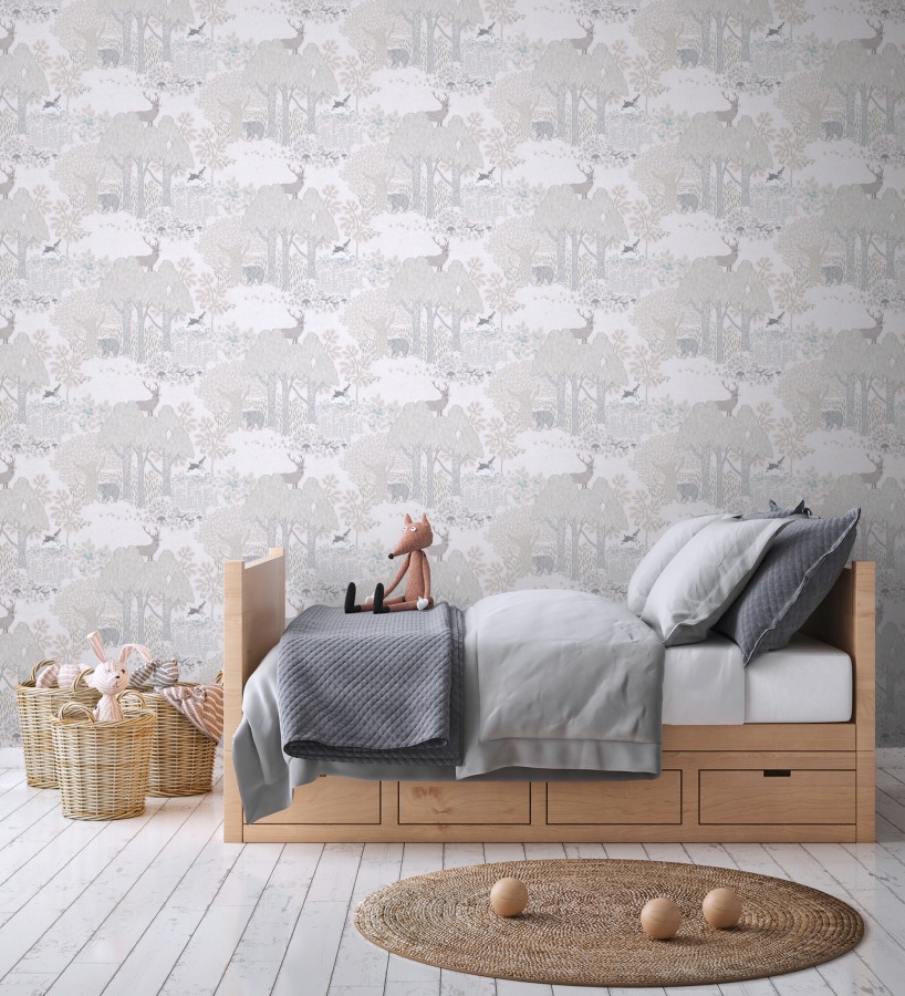 Papel pintado bosque con osos y ciervos infantil gris y beige  Bambi Bear 684854