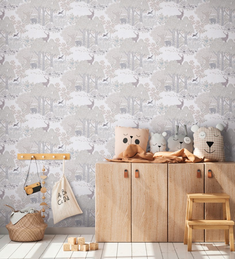 Papel pintado bosque con osos y ciervos infantil gris y beige  Bambi Bear 684854