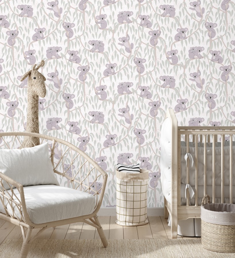 Papel pintado koalas y eucalipto tierno pastel fondo blanco y crema  Teddy Calm 684855