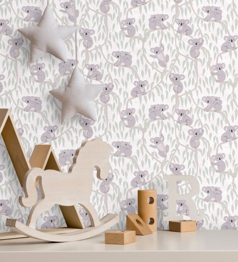 Papel pintado koalas y eucalipto tierno pastel fondo blanco y crema  Teddy Calm 684855