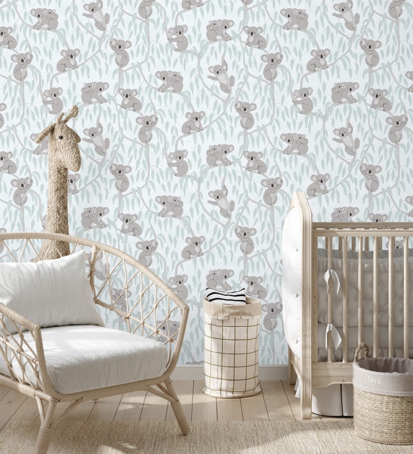Papel pintado koalas y eucalipto tierno pastel fondo verde claro  Teddy Calm 684856