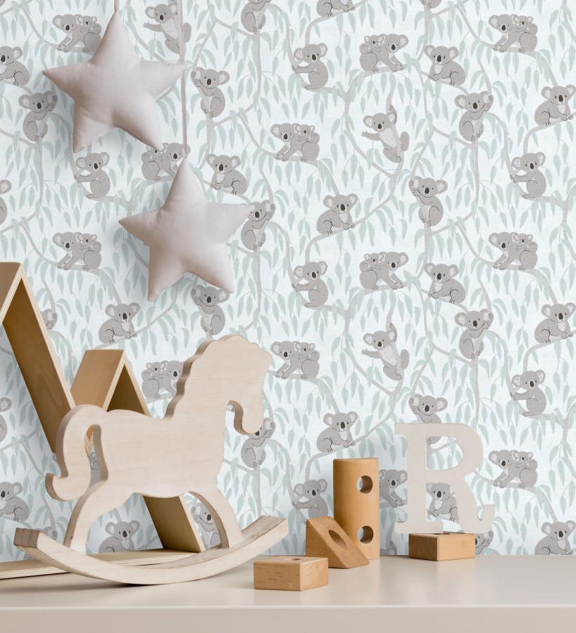 Papel pintado koalas y eucalipto tierno pastel fondo verde claro  Teddy Calm 684856