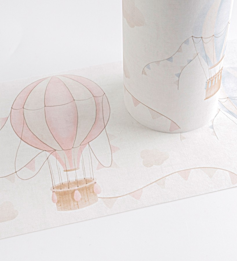 Cenefa de papel pintado de globos dirigibles tonos rosa y azul  Aerostatic Dreamy 684857