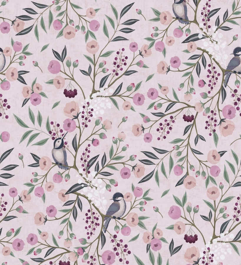 Papel pintado de pájaros y flores tonos rosa malva estilo romántico  Daisy Cheerful 684858
