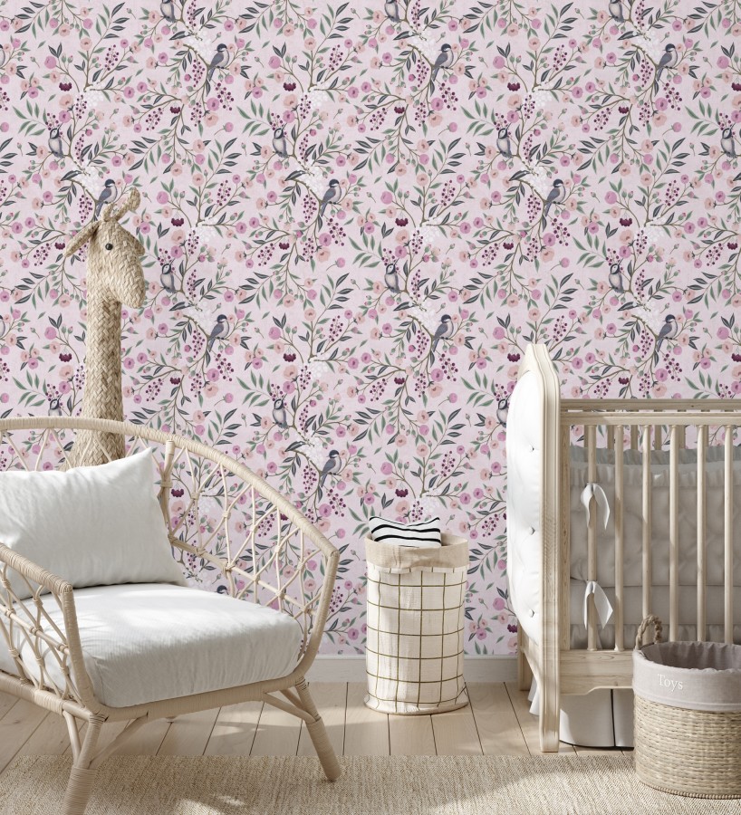 Papel pintado de pájaros y flores tonos rosa malva estilo romántico  Daisy Cheerful 684858