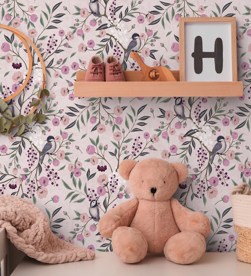 Papel pintado de pájaros y flores tonos rosa malva estilo romántico  Daisy Cheerful 684858