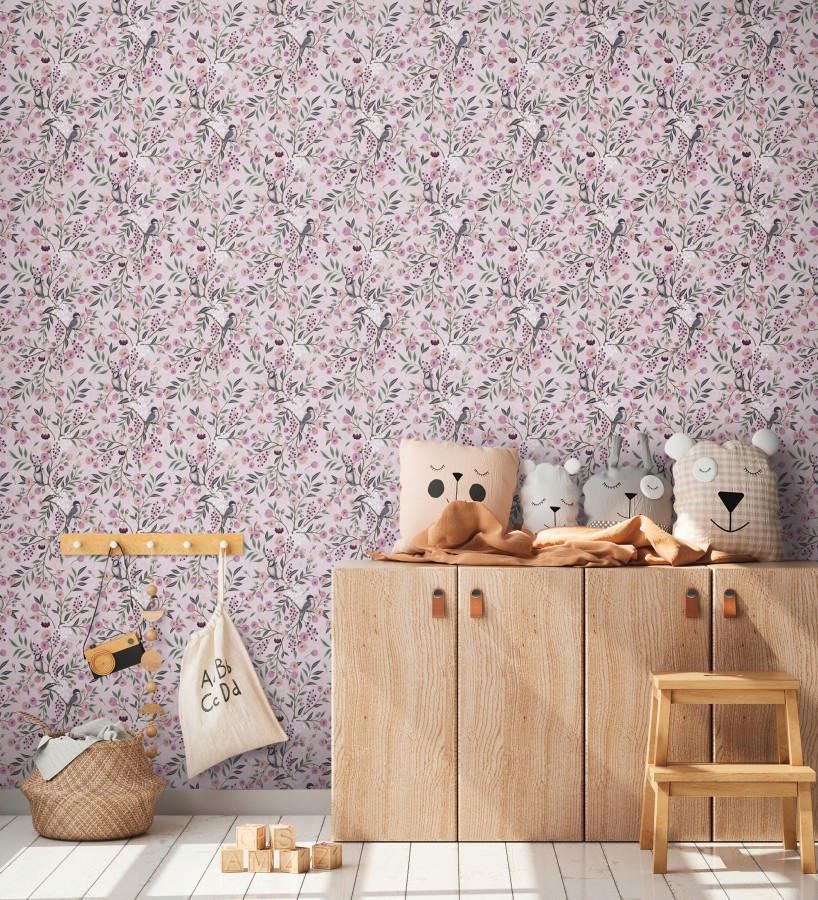 Papel pintado de pájaros y flores tonos rosa malva estilo romántico  Daisy Cheerful 684858