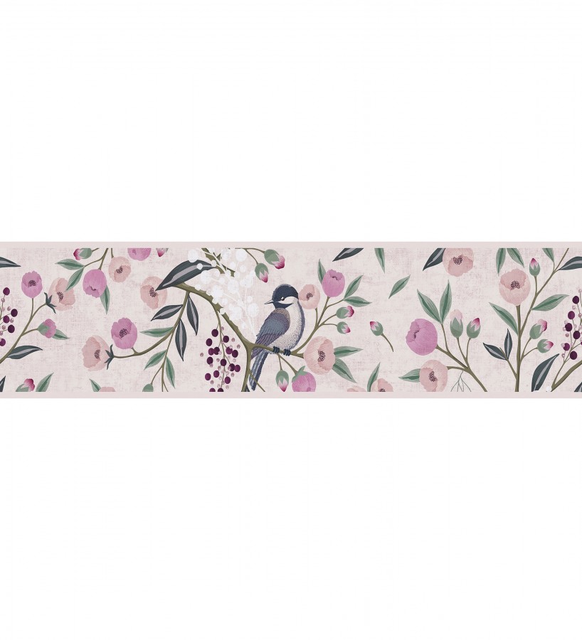 Cenefa de papel pintado de pájaros y flores tonos rosa malva  Daisy Cheerful 684859