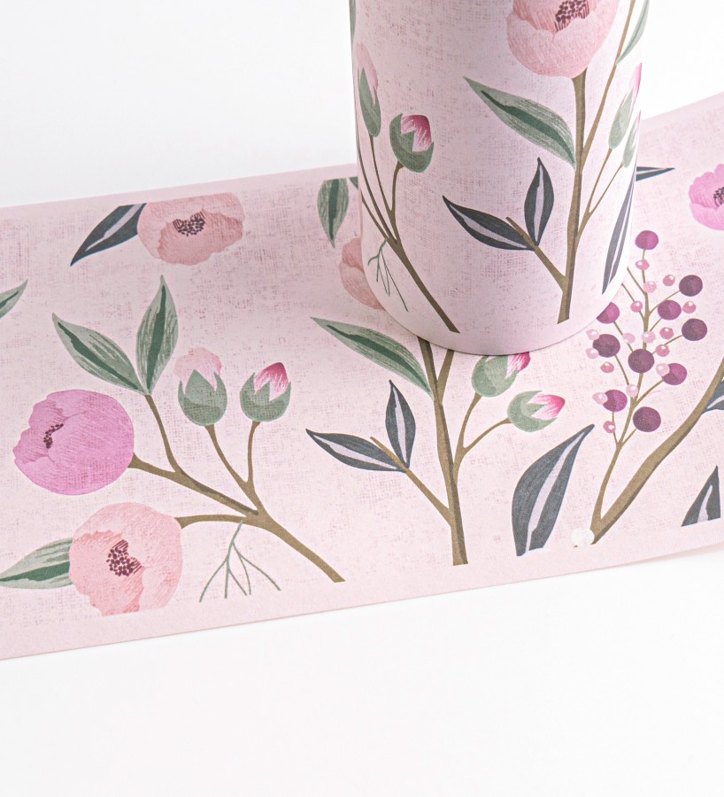 Cenefa de papel pintado de pájaros y flores tonos rosa malva  Daisy Cheerful 684859