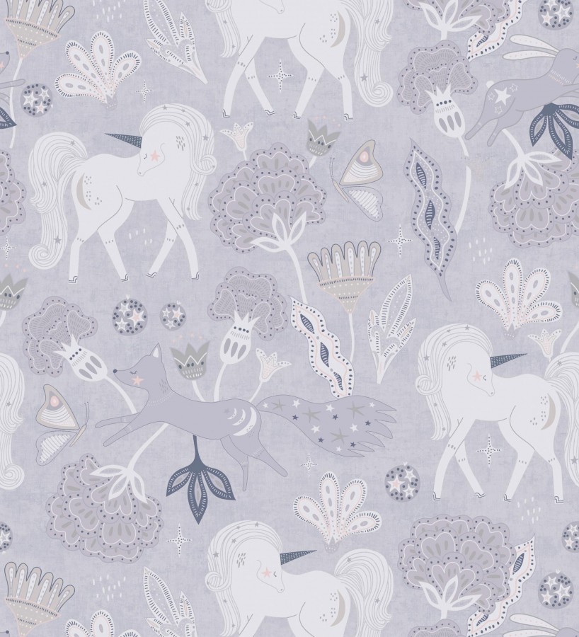Papel pintado jardín de unicornios y zorros mágicos color gris lavanda  Foxy Magical 684860