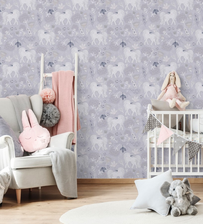Papel pintado jardín de unicornios y zorros mágicos color gris lavanda  Foxy Magical 684860