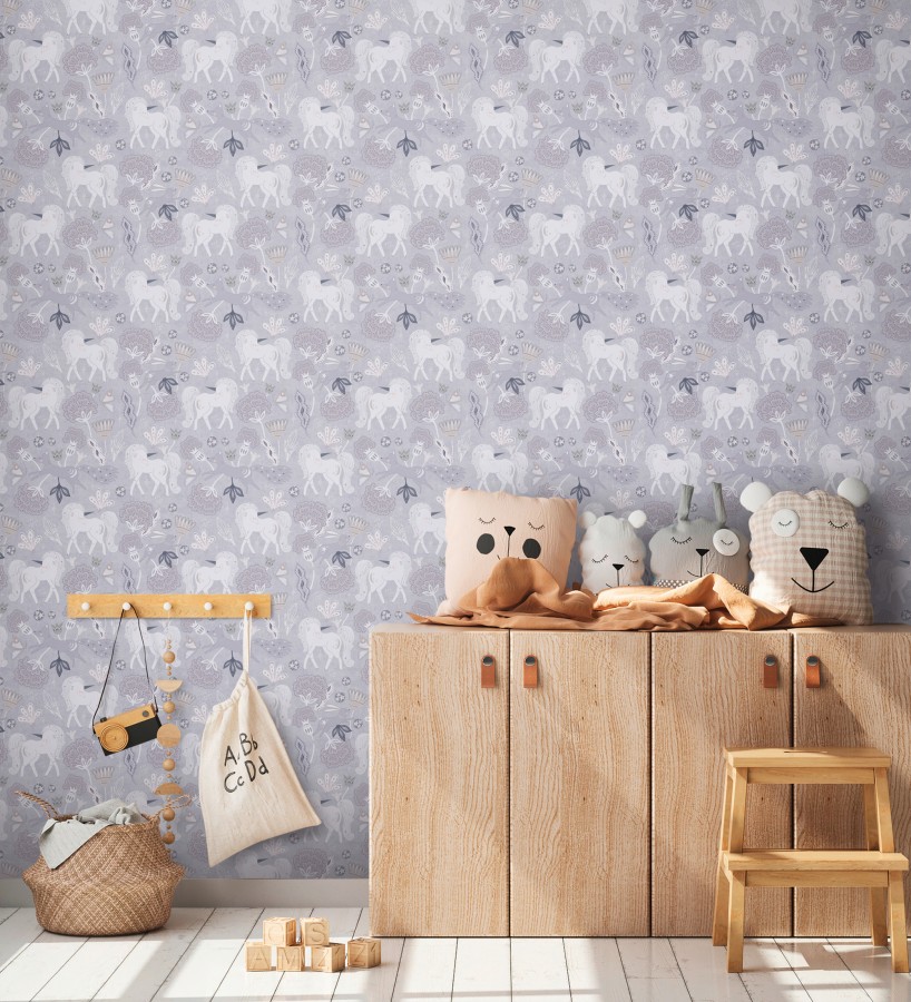 Papel pintado jardín de unicornios y zorros mágicos color gris lavanda  Foxy Magical 684860