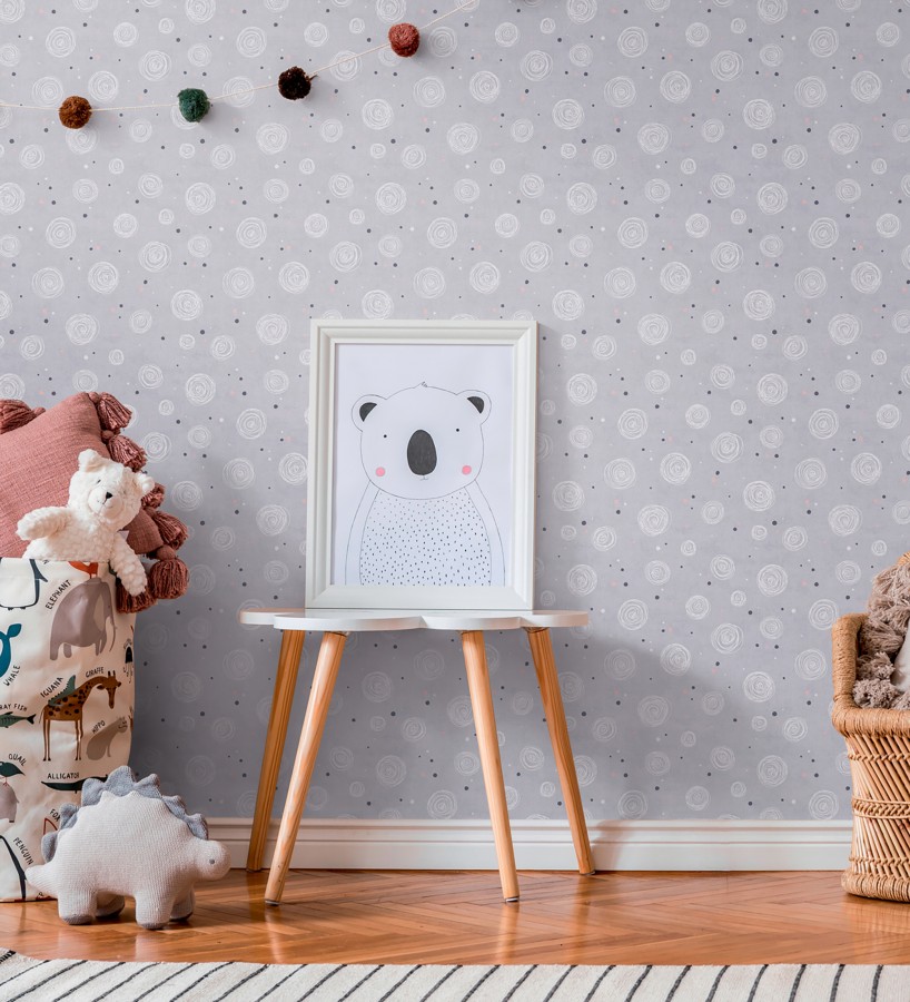 Papel pintado de espirales fondo efecto textil gris lavanda liso  Mia Whimsical 684861