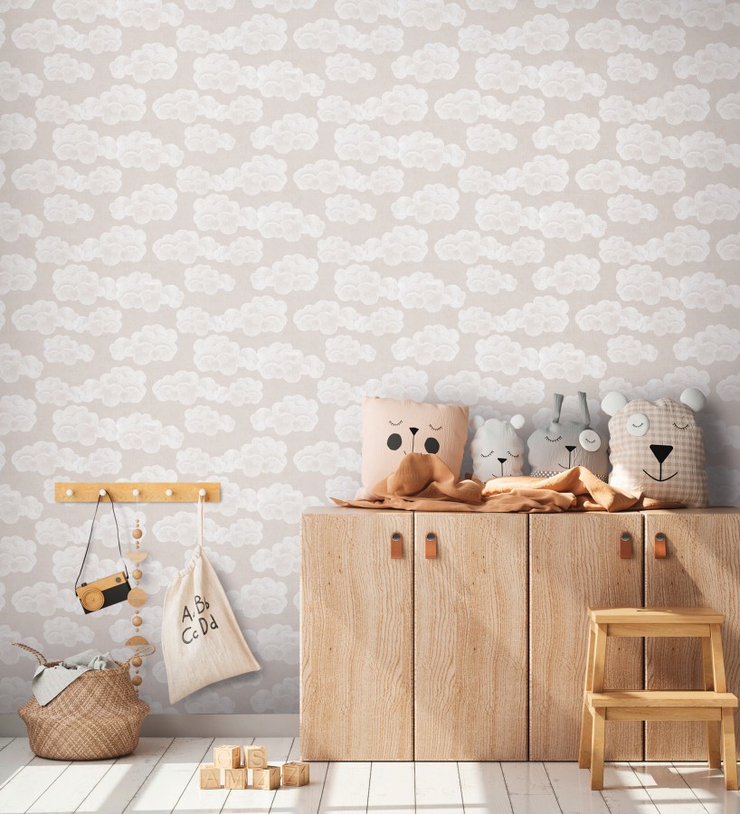 Papel pintado nubes algodón color beige neutro suave para niños y bebé  Sugar Puffy 684869