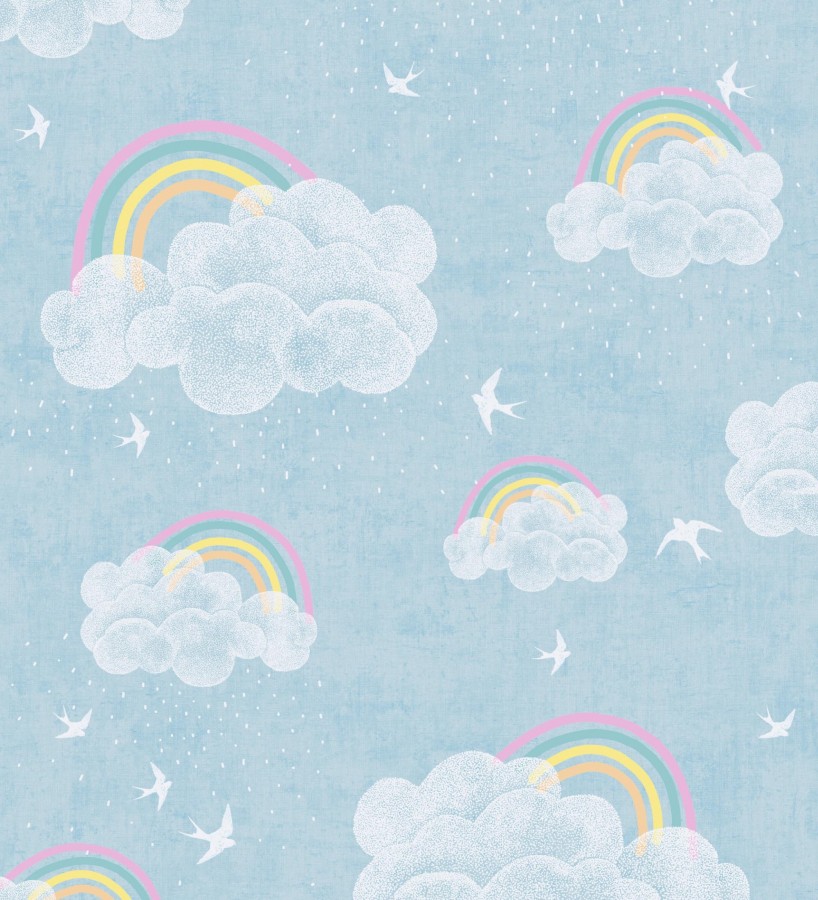 Papel pintado infantil de nubes con arcoíris y pájaros fondo azul  Iris Joy 684870