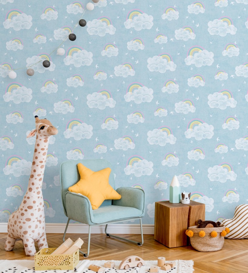 Papel pintado infantil de nubes con arcoíris y pájaros fondo azul  Iris Joy 684870