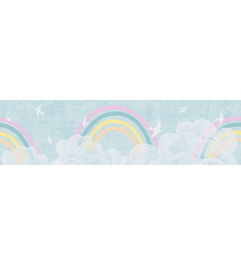 Cenefa de papel pintado nubes con arcoíris y pájaros fondo azul cielo  Iris Joy 684871