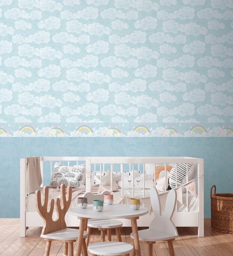 Cenefa de papel pintado nubes con arcoíris y pájaros fondo azul cielo  Iris Joy 684871