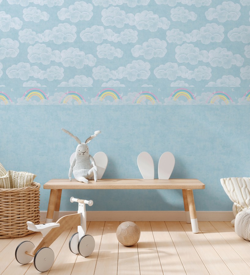 Cenefa de papel pintado nubes con arcoíris y pájaros fondo azul cielo  Iris Joy 684871