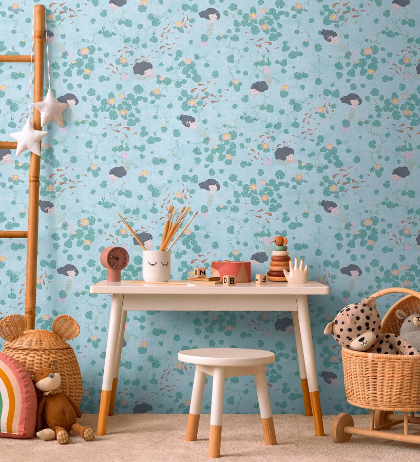 Papel pintado sirena mágica y nenúfares mar azul  Ariel Dreamy 684872