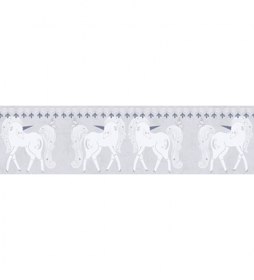 Cenefa de papel pintado de unicornios mágicos color gris lavanda  Foxy Magical 684873