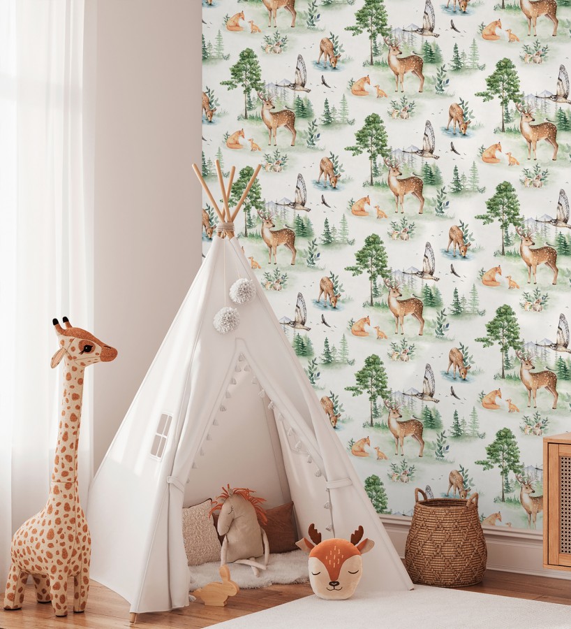 Papel pintado bosque infantil de ciervos, zorros, conejos, águilas y búhos  Yellowstone Animals 684877