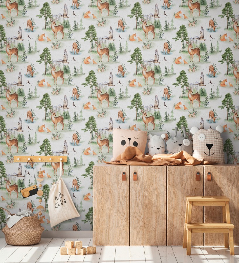 Papel pintado bosque infantil de ciervos, zorros, conejos, águilas y búhos  Yellowstone Animals 684877