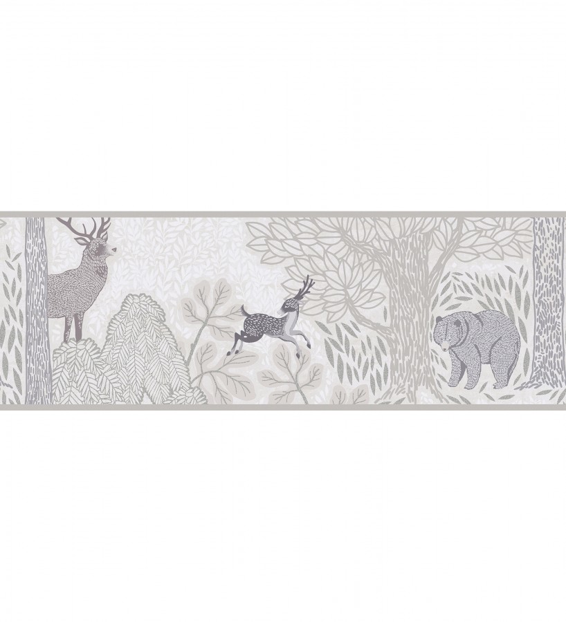 Cenefa de papel pintado bosque con osos y ciervos infantil gris y beige  Bambi Bear 684881