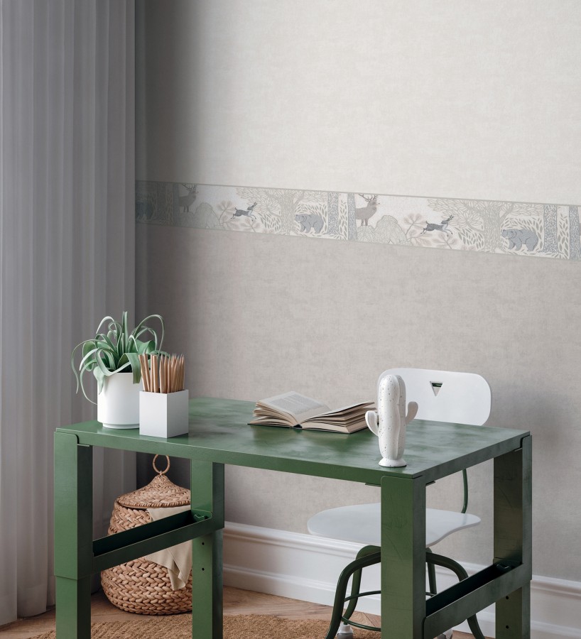 Cenefa de papel pintado bosque con osos y ciervos infantil gris y beige  Bambi Bear 684881