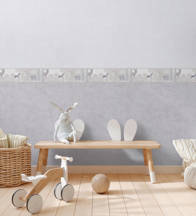 Cenefa de papel pintado bosque con osos y ciervos infantil gris y beige  Bambi Bear 684881