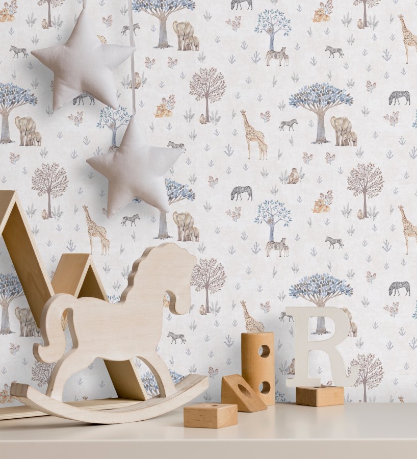 Papel pintado de árboles jirafas monos cebras y elefantes infantil  Safari Dreamy 684882
