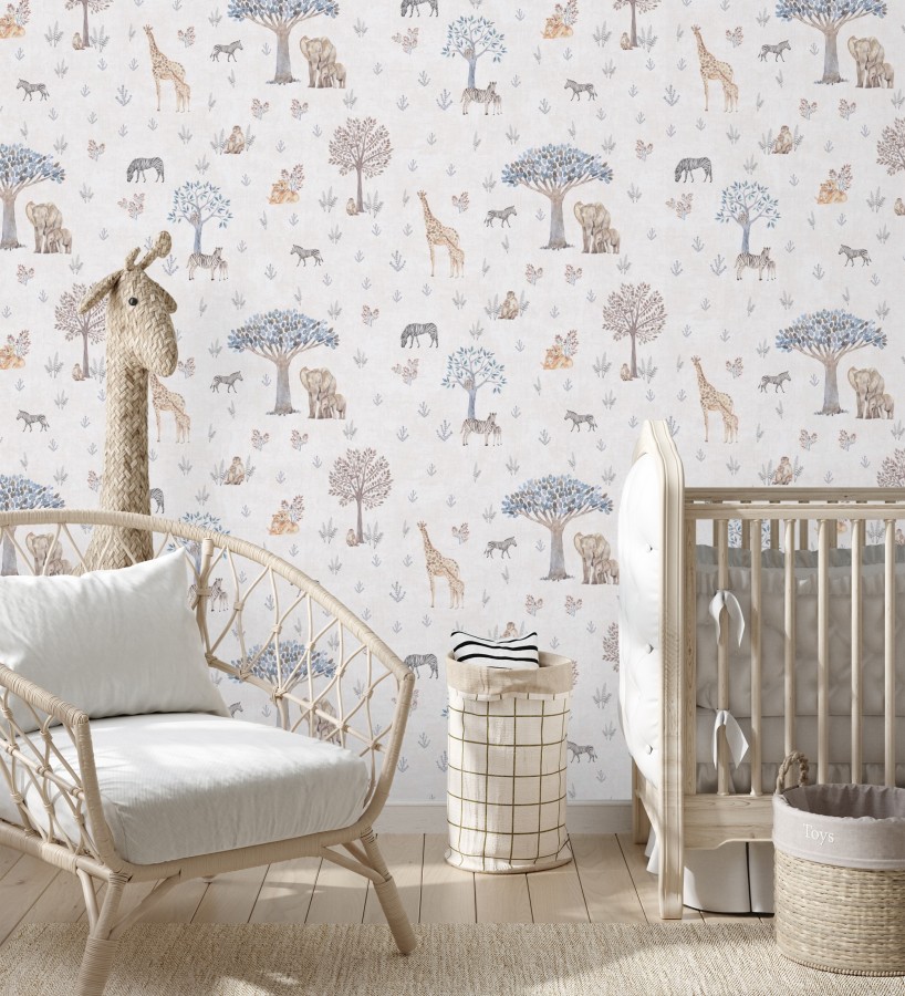 Papel pintado de árboles jirafas monos cebras y elefantes infantil  Safari Dreamy 684882