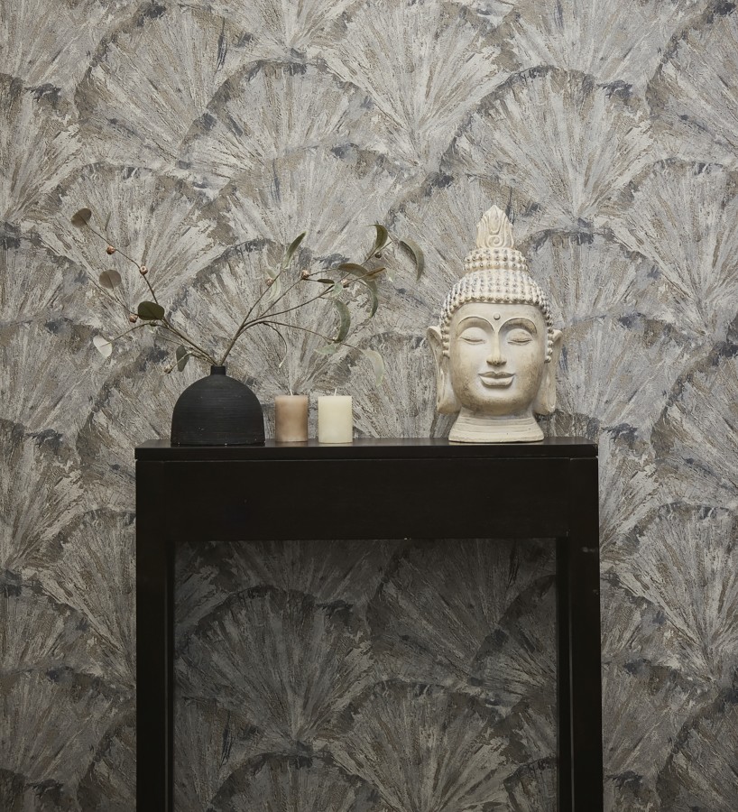 Papel pintado abanicos al óleo texturizado tonos piedra  Bellagio Gilded 684884