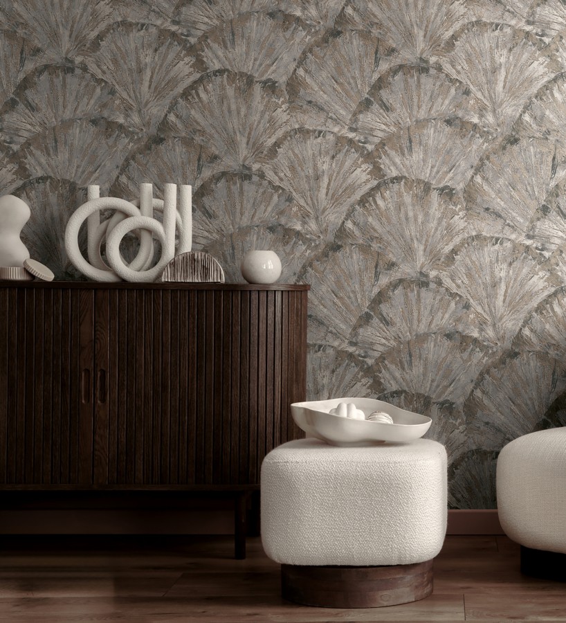 Papel pintado abanicos al óleo texturizado tonos piedra  Bellagio Gilded 684884