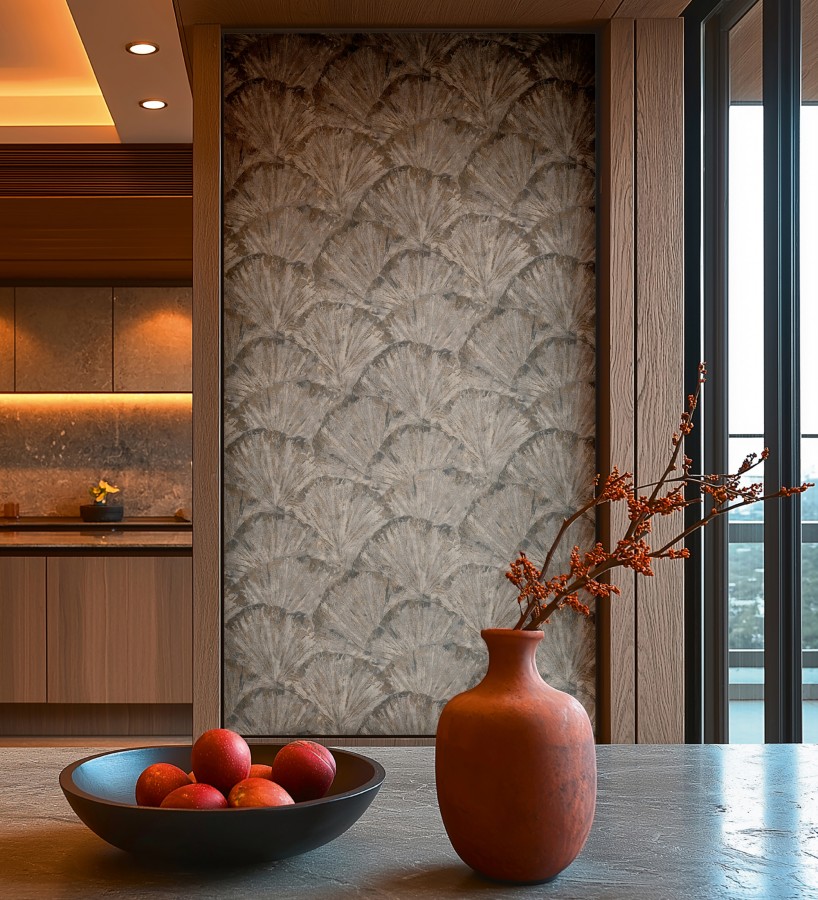 Papel pintado abanicos al óleo texturizado tonos piedra  Bellagio Gilded 684884