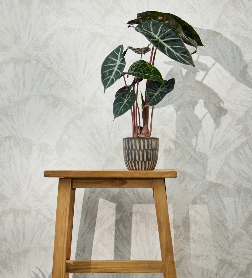 Papel pintado abanicos al óleo texturizado tonos blanco y gris  Bellagio Gilded 684886