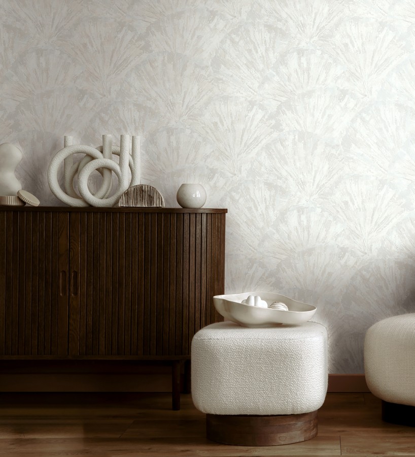 Papel pintado abanicos al óleo texturizado tonos blanco y gris  Bellagio Gilded 684886